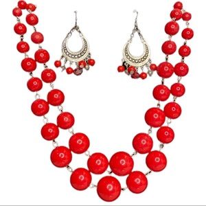 Cherry Red Beaded Double Layer Necklace and Dangle Earring Set